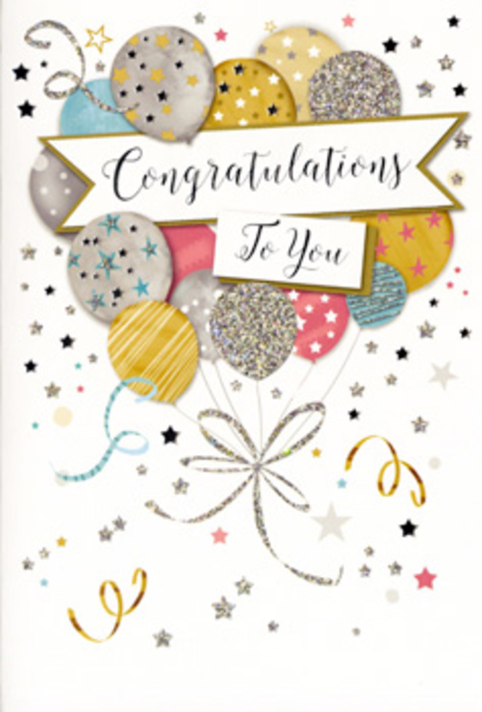 In this image, a beautifully illustrated congratulations card stands upright, as if ready to be placed beside a vase of fresh flowers on a dining table in Gidea Park after a family celebration. The main artwork depicts a gathered bouquet of festive balloons, pressed close together yet individually distinct. Each balloon is rendered in soft, rounded form, with subtle highlights and shading that give a sense of dimension, making them appear convincingly inflated. The colour scheme leans towards elegant metallics and gentle pastels: warm gold, cool silver, champagne cream, blush pink, light blue, and a few soft grey touches to balance the brightness. Some balloons feature sparkling star patterns, others neat stripes or scattered speckles that mimic the effect of fine glitter catching the light over the rooftops near Balgores Lane. From the base of the cluster, slim gold and silver ribbons stream gracefully downward, looping and twisting as they descend, adding movement to the composition. Cutting through the middle of the balloons, a curved banner stretches across with the message Congratulations To You written in ornate, flowing script, the style of lettering giving the card an air of both celebration and respect. Surrounding the central design, the light background is sprinkled with tiny metallic-looking stars, swirling flourishes, and small dots, like confetti still drifting in the air long after the applause has faded. The overall effect is one of polished joy and heartfelt admiration, echoing the same sentiment you might feel when sending a carefully crafted bouquet from Florist Gidea Park. This card suits any important milestone-from exam success to promotions or new beginnings-when you want the recipient to feel genuinely seen, supported, and celebrated.