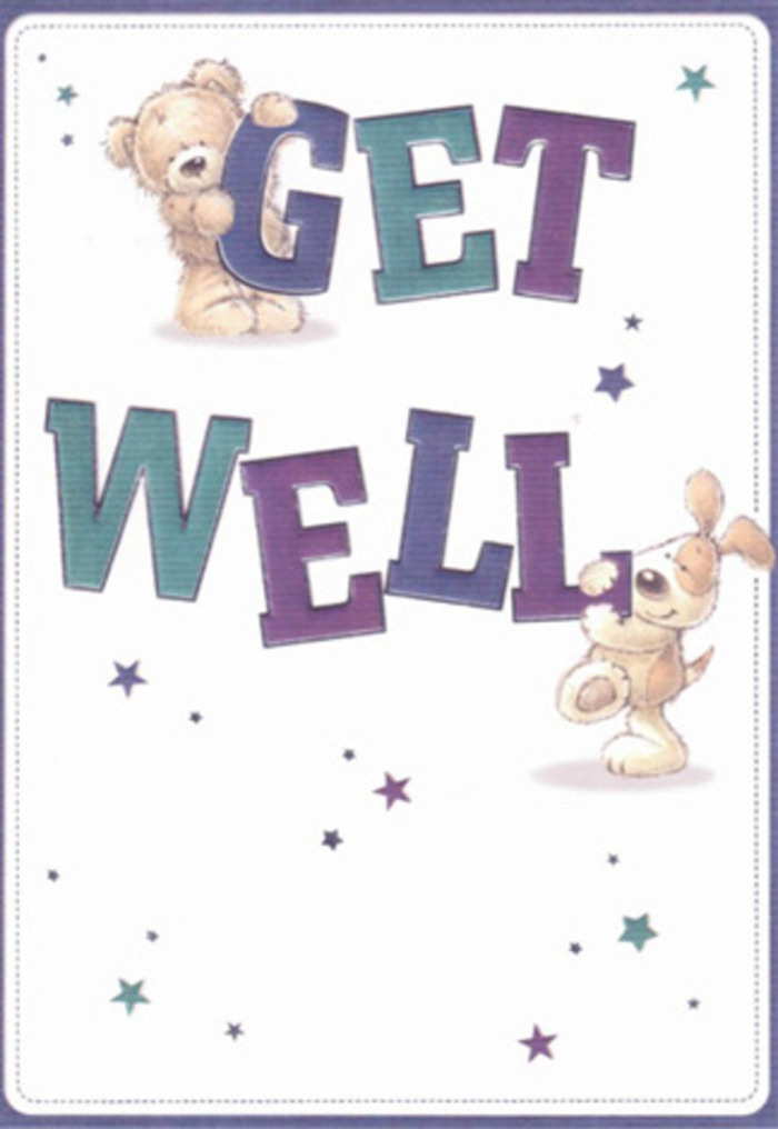 This card brings joyful encouragement to life through its tenderly drawn bear and exuberant pup, their presence creating a soothing narrative amid the quiet elegance of Gidea Park. The bear, with its soft, warm fur, perches protectively atop the robust 'GET,' while the puppy, all gentle eyes and floppy ears, leans affectionately into the shaded 'WELL.' Their forms are brought to life with detailed brushwork, suggesting not only the texture of soft fur but also the loving intention behind every gesture. Sprinkled around them are animated stars in hues of teal, violet, and blue-each one a visual echo of the promise that comes with a bouquet freshly delivered from a trusted Gidea Park florist. The background glows in clean white, as inviting as a window opened to the sound of birdsong in nearby Raphael Park. Every choice-from the bold, confident type to the playful constellations-comes together to offer reassurance, whether the card is tucked alongside blooms for a patient on Balgores Lane or sent to a family member recovering at home. The result is both a visual salve and a heartfelt message, radiating the character and connection unique to the Gidea Park community.