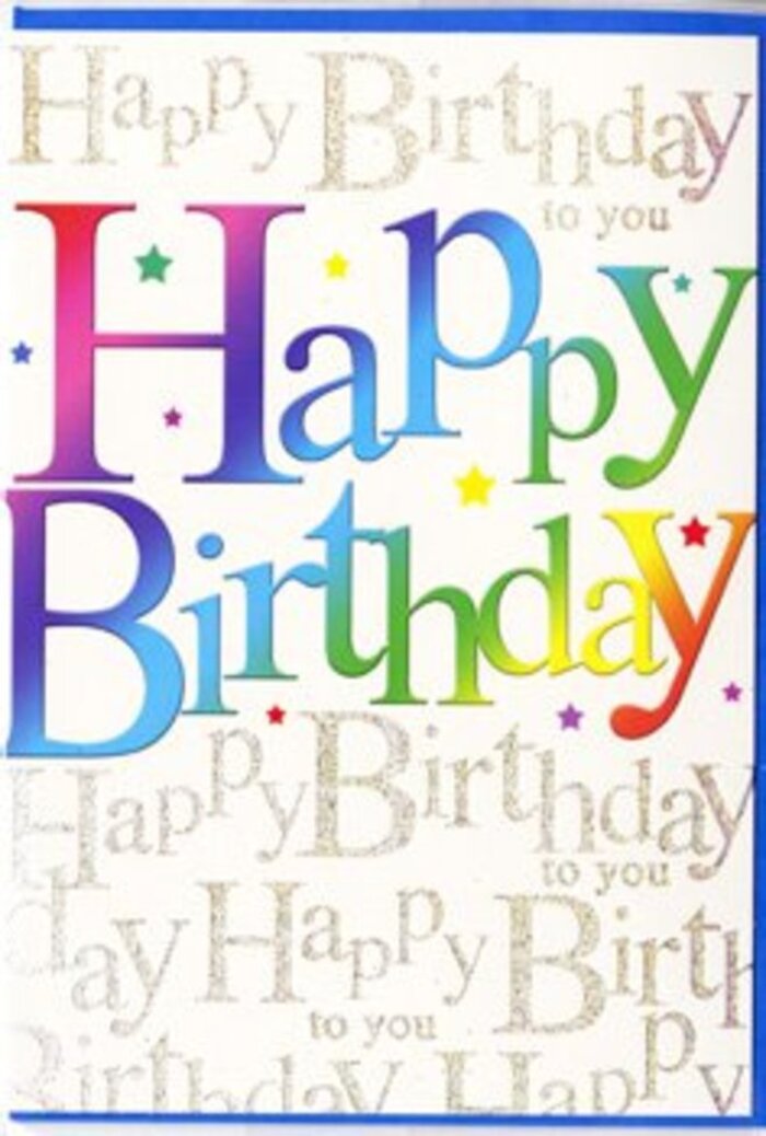 In this scene, the birthday card appears as a miniature celebration captured on paper, its colours and details echoing the lively spirit of a Gidea Park birthday gathering. At the heart of the design, the phrase Happy Birthday stretches across the card in generous, rounded block letters, each one substantial enough to feel almost sculpted. These letters are filled with a striking rainbow gradient that moves fluidly from warm to cool tones-starting with rich ruby and magenta, easing through orange and sunshine yellow, continuing into zesty green, then gliding into turquoise, deep blue, and velvety violet. The colours are vivid but not harsh, as though they've been carefully blended, much like a florist blending different blooms for a colourful hand-tied bouquet near Romford Golf Course. The surface of the card looks polished and smooth, reflecting light in a way that suggests a sturdy, high-quality material. Behind the main message, the background is entirely covered in fine, looping gold script, the phrase Happy Birthday to you repeated in elegant cursive rows. The gold catches the light in tiny flashes, reminiscent of fairy lights draped across a room during a cosy celebration. Around the bold letters, delicate star shapes and small, colourful flecks are scattered, hinting at the joyful chaos of confetti after it has settled on a party table. The design feels both confident and affectionate: the large rainbow greeting speaks of open, exuberant joy, while the softly shimmering script and stars add a gentler layer of sentiment. It's easy to picture this card accompanying a vibrant bouquet from a local Gidea Park florist, ready for same-day delivery to surprise someone on their birthday with a message that looks just as happy as the occasion feels.