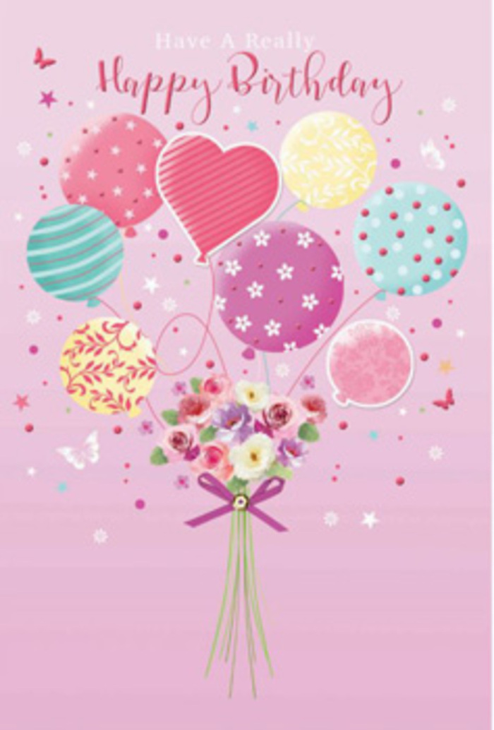 A softly whimsical birthday design shows balloons and blooms rising together, like a pocket of happiness drifting over the gardens and tree-lined avenues of Gidea Park. The scene is set on a pale pink background, tender and understated, providing a gentle canvas for the central composition. A group of pastel balloons hovers above, each rendered with delightful detail. Some are wrapped in swirling, ribbon-like stripes, others are sprinkled with dots that appear to dance, and a charming heart-shaped balloon glows near the centre, giving the impression of love carried aloft. Their palette is a soothing mix of rosy pinks, sea greens, lemon cream, dusty teal, and lavender, reminiscent of spring decorations at a family celebration near Raphael Park. Tied just beneath this cluster is a neat bouquet of birthday flowers. Petite roses and daisy-like flowers nestle closely together, their petals shaded from creamy white through blush and soft rose hues to hints of gentle mauve, suggesting velvety textures and fresh, cool stems. The blossoms are carefully gathered and finished with a sparkling purple bow, the satin ribbon appearing slightly textured and reflective, as though it has just been tied by a skilled florist. Tiny stars and small butterflies are sprinkled through the air around the bouquet, adding a storybook charm, as if the flowers are being gently lifted by a breeze. The overall light in the artwork is bright yet soft, catching the reflective surfaces of the balloons and outlining the petals with a delicate glow. The composition conveys a sense of quiet jubilation, like an intimate birthday moment shared at home in Gidea Park, where a thoughtfully chosen floral gift speaks volumes without saying a single word.