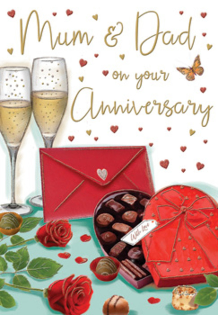 This anniversary card artwork presents a romantic still-life that could easily sit on a sideboard in one of Gidea Park's characterful homes, prepared for a special evening in. At the heart of the scene are two tall champagne flutes, placed side by side with a closeness that subtly suggests togetherness. Each glass is filled with a pale amber champagne, where streams of tiny bubbles climb upward, frozen in motion, catching highlights that dance along the curved rims. In front of the glasses is a heart-shaped chocolate box coloured in a rich, ruby red, its lid gently propped open. Inside, carefully lined chocolates rest in perfect rows, their glossy surfaces hinting at creamy fillings within. A luxuriant red satin bow wraps across the lid, the ribbon's texture rendered with soft folds and shadows that give it a tactile richness. To one side, two red roses lie on the table, their velvety petals unfolding in tight concentric layers, as if freshly cut from a premium bouquet. Each bloom is framed by glossy green leaves, adding depth and a natural vibrancy that contrasts with the man-made elegance of glass and ribbon. A few individual chocolates are scattered casually nearby, inviting the eye to wander across the composition. Above this arrangement, small gold and crimson hearts float across a warm background, gently encircling a handwritten Mum & Dad tribute. A bright red envelope, sealed and neatly placed, introduces the promise of personal words and shared memories. The whole scene is bathed in a gentle, ambient light that softens edges and deepens colours, creating an atmosphere of gratitude, romance, and quiet celebration, perfect for an anniversary spent recounting years of shared life.