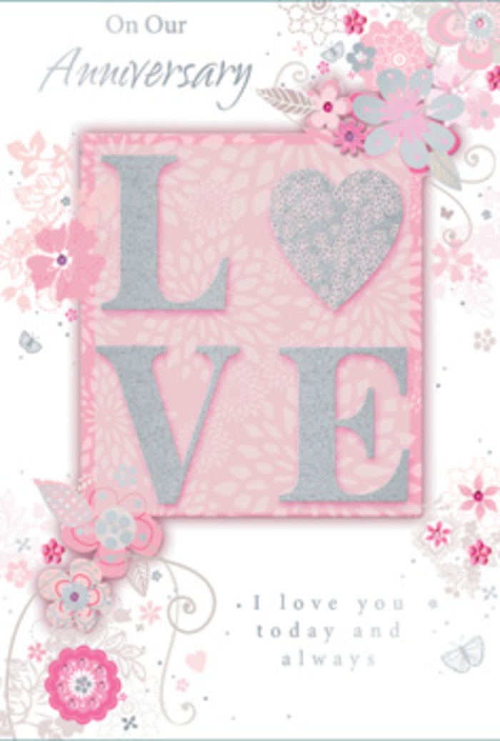 In the image, an open anniversary card rests as though awaiting its place beside a vase of fresh flowers in a Gidea Park dining room. The central motif is the word LOVE, printed in elegant capitals and finished with a frosted layer of glitter that sparkles gently when the light catches it, much like morning sun sliding across petals in a florist's display window. The letters are slightly raised, giving a tactile quality to the design that invites fingertips to explore. Framing this centrepiece, delicate, hand-drawn blooms and trailing sprays drift along the card's borders. Their colours are soft and romantic-shades of pink, lilac, and off-white blending into one another like the petals of a mixed pastel bouquet. Fine filigree lines curl into tiny leaves and flourishes, and if you look closely, small butterfly-like shapes seem to hover among the flowers, suggesting the fluttering excitement that accompanies an anniversary celebration. The background remains a pale, warm pink, allowing the white and silver details to shine without harsh contrast. An understated message, such as I love you today and always, appears in a graceful typeface that mirrors the gentle curves of the floral motifs. The spacing is generous, creating a soothing sense of balance, as if each element has been placed with the same care a florist in Gidea Park gives to positioning every stem in a hand-tied arrangement. The overall impression is of quiet devotion and gratitude, like a cherished tradition of marking each year together with both a thoughtful card and a carefully chosen bouquet.
