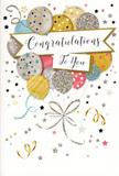 The scene shows a tall congratulations card poised upright, with its artwork capturing the feeling of a bright, happy moment, reminiscent of celebrations around Gidea Park after someone shares big news. Dominating the design is a cluster of floating balloons, drawn so that they overlap softly, creating a gentle sense of depth while still feeling light and airy. Their colours form a sophisticated palette of metallic gold, polished silver, champagne, blush pink, powder blue, and soft grey, all subtly shaded to suggest the way light might skim across their curved surfaces. Several balloons are decorated with miniature stars, delicate stripes, or glitter-like spots that give the illusion of shimmer, as if reflecting party lights in a cosy home near Gidea Park station. Slim, curling ribbons in gleaming gold and silver drop from the bottoms of the balloons, swirling toward the lower edge of the card like streamers drifting in slow motion. Floating through the centre, a ribbon-like banner carries the words Congratulations To You in flowing, cursive script, the graceful lettering adding a sense of sincerity and pride. The surrounding background remains pale and calm, lightly scattered with small stars, curls, and dots, echoing the look of confetti and adding a touch of playful movement to the composition. Altogether, the card radiates a feeling of warm, polished celebration, making it an ideal companion for a hand-delivered bouquet of seasonal flowers in Gidea Park. It is perfectly suited for recognising exams, work achievements, or personal milestones, offering a visual burst of joy that matches the happiness of the occasion.