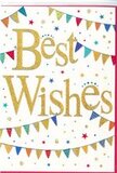 The design of this congratulations card captures the joyful calm after a shared cheer, much like the relaxed happiness that lingers after a celebration in Gidea Park. The central focus is the warm message Best Wishes, written in generous golden handwriting that appears both luxurious and friendly. The script is embossed and subtly glittered, so each curve and flourish reflects light against the pristine white background, giving the words a sense of depth and presence. Embracing this message, threads of bunting sweep in soft curves from side to side, one line above and another below, forming a festive frame that echoes garlands strung along a garden fence near Balgores Lane. Each tiny flag in the bunting carries its own character-some in bold blocks of blue, red, green, and yellow, others adorned with fine stripes, dots, or patchwork-style patterns-creating a lively but harmonious mix of colour. Dotted across the remaining white space are miniature stars and round confetti-like specks, spaced just irregularly enough to feel spontaneous, as if they've just settled after being tossed with laughter and applause. These subtle details bring movement and energy to the otherwise clean, modern layout. The mood is one of inclusive, heartfelt congratulations, suitable for everything from exam results and promotions to new ventures and personal milestones throughout Gidea Park and the surrounding Romford area. Paired in the mind's eye with a fresh bouquet, the card seems to offer not only best wishes, but also a gentle reminder that the sender is right there, celebrating in spirit.