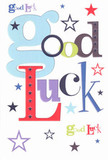 A large good luck card lies against a clean, white background, its whole surface alive with colour and playful typography that instantly feels encouraging, like a warm send-off from friends in Gidea Park before a big exam or first day at a new job. The words Good Luck stretch confidently across the centre, each letter in a different style: a chunky, pastel-blue g with rounded corners, upright moss-green strokes, deep violet curves, and punchy red characters that add a note of vibrant determination. Around the phrase, stars are scattered in an exuberant constellation, some bold and sharply defined, others softly faded, as if drifting across the evening sky over Raphael Park. These stars range from navy and inky indigo through cool sky-blue to lilac and muted lavender, dancing together in a cheerful rhythm that feels both fun and sincere. The crisp, matte white card stock looks smooth and substantial, the kind you'd instinctively tap with your fingertips to feel its quality and weight. There's a subtle sense of movement in the arrangement of letters and stars, like confetti frozen mid-air during a celebration on Balgores Lane, capturing the moment just before everything wonderful begins. Nothing on the card feels cluttered; generous white space lets each colour breath, so the design looks modern, bright, and easy to read from across a room. It's the sort of good luck card you'd pair with a fresh bouquet delivered locally in Gidea Park, pressing both into someone's hands as they take a brave step forward, carrying with them not only the printed message, but the quiet, steadfast belief that they are supported and ready for what's ahead.