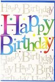 The photograph focuses on a colourful birthday card front, whose design captures the mood of a lively celebration in and around Gidea Park. In the centre, the words Happy Birthday appear in big, friendly letters with rounded corners, making the greeting feel approachable and full of warmth. Each letter is bathed in a gradient of colour, moving smoothly through the full rainbow-starting with deep reds and warm oranges, passing through golden yellow, fresh greens, and aquamarine, and finishing with bright blues and lush purples. The finish looks glossy yet soft, suggesting a card you'd enjoy holding as much as viewing, with light glancing gently off the surface like afternoon sun across a table set for a birthday tea. Behind the vibrant headline, the background is densely filled with lines of gold cursive, repeating Happy Birthday to you in a consistent, flowing script that looks like carefully penned handwriting. This gold text has a refined metallic sheen, adding a sophisticated layer under the playful colours. Scattered among the letters are small star motifs and colourful specks, adding the impression of confetti and tiny bursts of excitement, as if capturing that moment right after a wish is made over a birthday cake in a Gidea Park home. The overall composition is joyful but not cluttered, with the eye naturally drawn first to the bold rainbow greeting and then gently guided to notice the shimmer of the script and stars. It's the sort of card that would sit beautifully beside a bright birthday bouquet delivered locally, the rainbow lettering reflecting the same happiness found in fresh, mixed stems arranged with care by a Gidea Park florist.