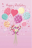 An airy, pastel birthday illustration portrays balloons and flowers floating together in gentle harmony, evoking the peaceful, neighbourly feel of Gidea Park on a sunny day. A soft blush-pink backdrop creates a soothing setting for the central design, where a cluster of balloons rises gracefully, almost as if tugging a small garden into the sky. Each balloon has been individually decorated: some wear swirling ribbons of colour, others are sprinkled with bright polka dots, and a heart-shaped balloon at the centre radiates a message of affection and care. The colour palette blends blush pink, minty green, sunny yellow, teal, and lilac, echoing the subtle hues of front gardens and park paths near Eastern Avenue. Anchored beneath these balloons is a rounded bouquet of birthday flowers, illustrated with an emphasis on softness and detail. Petite roses and anemone-like blooms in creamy ivory, warm blush, and muted mauve gather tightly, their layers of petals suggesting a velvety, almost cloud-like texture. A violet satin bow is fastened around the stems, its lustrous surface catching the light and adding a refined, celebratory note, like the ribbon on a freshly prepared delivery leaving Florist Gidea Park. Around the bouquet, tiny stars and fragile butterflies drift lazily, enhancing the sense that the whole arrangement is suspended in a delightful, unhurried moment. The lighting within the artwork is gentle yet radiant, reflecting off the glossy balloons and tracing the curves of each petal, creating a mood that is both festive and serene. This image captures the essence of a thoughtful birthday surprise: light, uplifting, and filled with quiet joy.