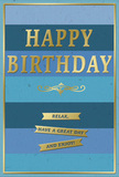 An elegant birthday card in shades of blue and gold is displayed upright, conveying a mood of quiet celebration that feels right at home in Gidea Park's peaceful neighbourhoods. The background is made up of broad, horizontal blue stripes, each a step in a gentle gradient: deep navy at the base, moving through denim and ocean blues, and rising into brighter teal and soft sky hues at the top. This layered effect gives the card a sense of calm depth, like watching daybreak unfold above the rooftops near the station. Centered within this serene backdrop, HAPPY BIRTHDAY is embossed in tall, gold capital letters. The metallic finish glows subtly, catching and reflecting ambient light in a way that adds understated glamour. Just below the greeting, a graceful golden flourish stretches across the card, echoing the curves of traditional calligraphy. Beneath the flourish sit three narrow golden banners, stacked neatly and carrying warm, relaxed wishes: Relax, have a great day and enjoy! The card's blue areas appear matte and velvety, while the raised gold details provide a tactile accent that would feel satisfying under the fingertips. A fine gold border runs around the outer edge, tying the design together like a carefully chosen frame. Imagined next to a fresh arrangement of birthday flowers from a local Gidea Park florist, this card lends a composed, stylish touch to any celebration. Its overall feeling is calm, refined, and gently joyful, perfect for sending birthday wishes that are both heartfelt and tastefully understated.