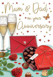 The design of this anniversary card is drawn like a romantic moment paused in time, echoing the kind of intimate celebrations often enjoyed in Gidea Park after a leisurely walk around the local green spaces. Two elegant champagne flutes stand prominently in the background, their tall, slender shapes filled with sparkling golden champagne. Streams of fine bubbles rise within each glass, catching and reflecting the soft, ambient light. Just in front sits a heart-shaped box of chocolates in a deep red hue, its open lid revealing a carefully arranged collection of round truffles, each nestled in its own dark cup, their tops shining like little jewels. A sumptuous red satin bow lies across the box, the ribbon appearing plush and smooth, with gentle highlights that trace each fold. To the side, two red roses rest gracefully on the tabletop. Their petals look velvety and full, layered in tight spirals that open outward, like the roses chosen for premium anniversary bouquets across the Gidea Park area. The surrounding leaves are a rich, glossy green, balancing the intense reds with freshness. A few loose chocolates are scattered nearby, suggesting a relaxed, shared treat. Above this decadent display, petite hearts in gold and crimson tones drift across a softly blended background, framing a lovingly handwritten greeting to Mum & Dad. A bright scarlet envelope lies to one side, sealed and slightly rotated, hinting at a personal message filled with affection and memories. The combined effect of the rich colours, sparkling fizz, and lush roses creates a feeling of warmth, indulgence, and deep appreciation for the enduring love of parents on their special day.